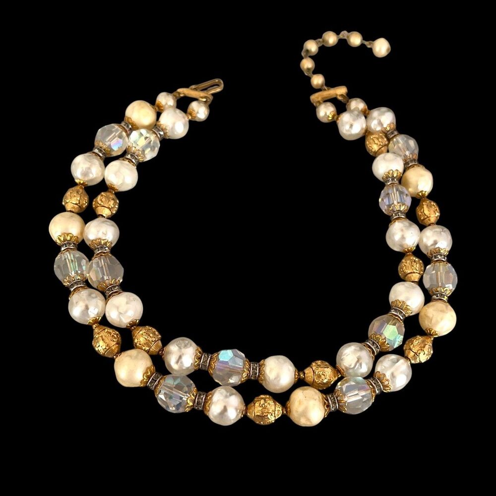 Vintage 1960s Trifari Double Strand Pearl AB Crystal Necklace Gold Tone - 3N